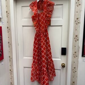 Vintage 1960s Red Frilly Gingham Grid Apron Cottagecore Prairie Classic Spring